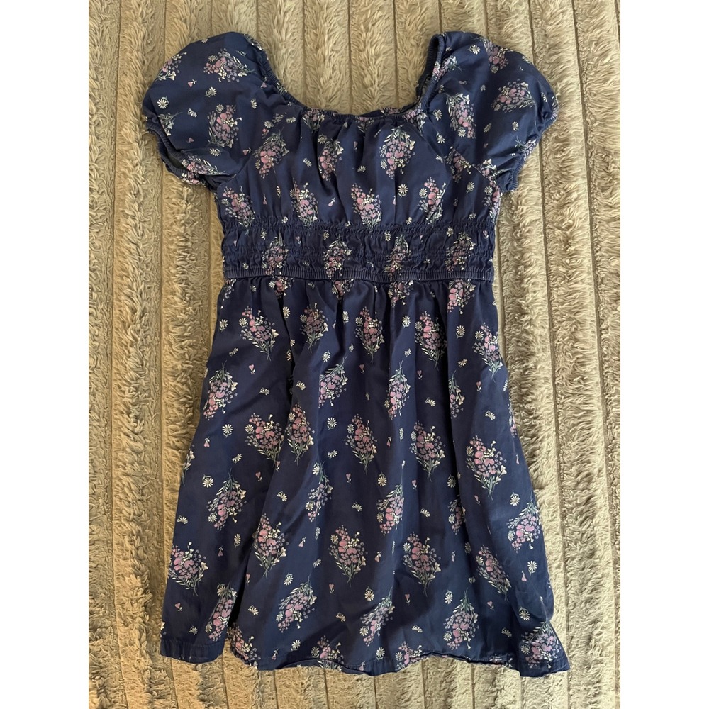 Wonder Nation Girls Navy Blue Floral Smocked Waist Dress Puff Sleeve Size M 7-8